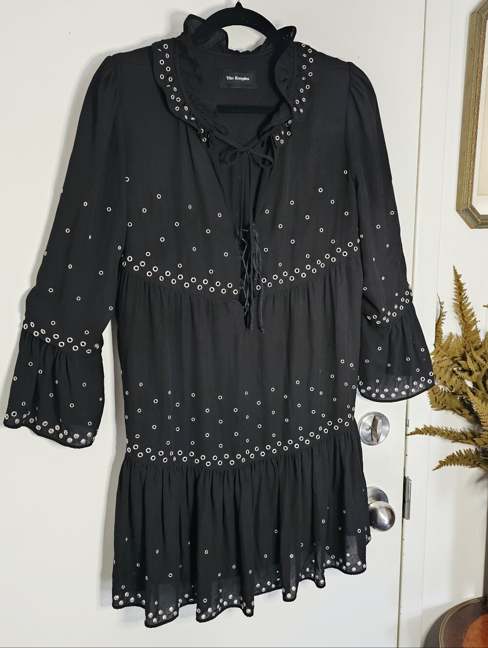 The Kooples Grommet Eyelet Ruffle Tiered Black Mini Dress XS Romantic Goth Boho